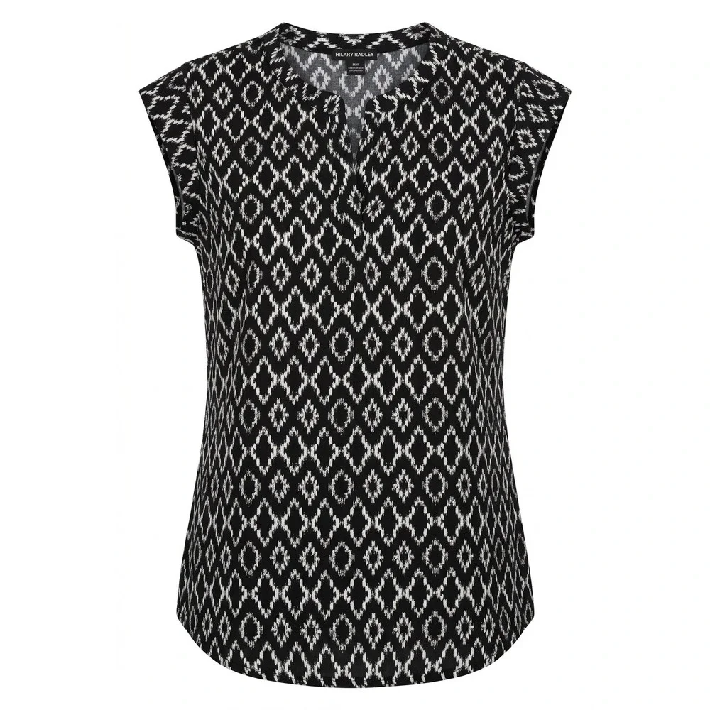 Hilary Radley Womens Black White Ikat Diamond Print Split Neck Blouse‎ Size Med